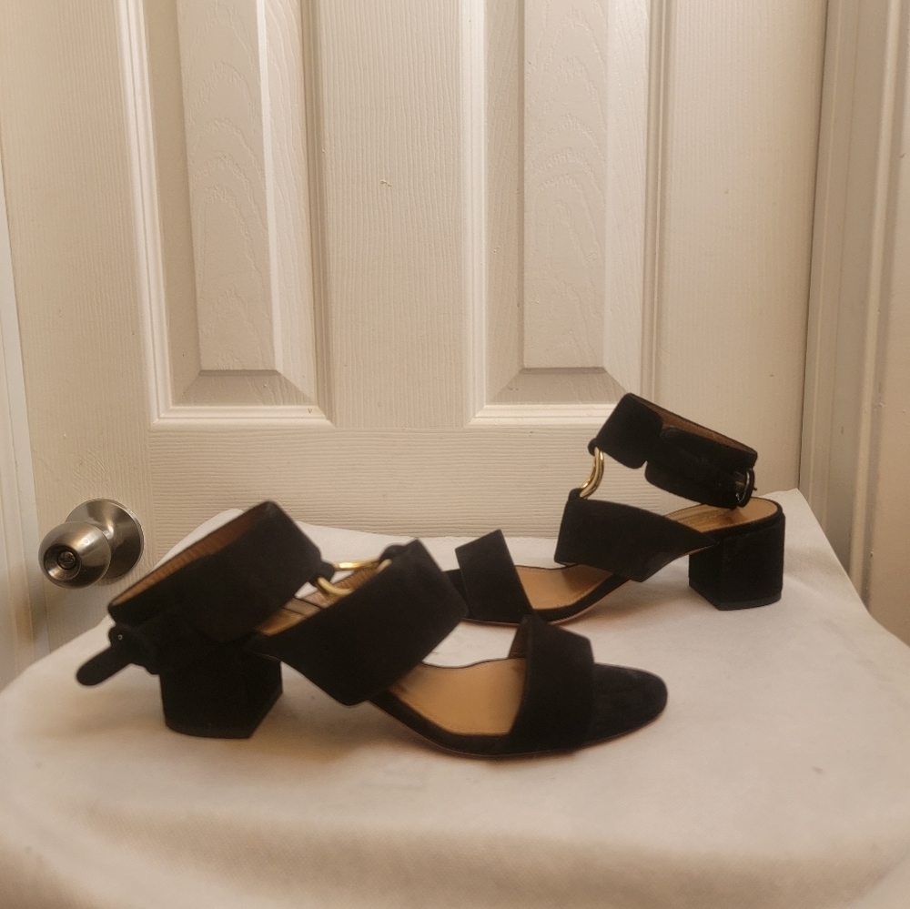 AQUAZZURA CAMEL SUEDE SAFARI LEATHER GOLD RING MID HEEL ANKLE STRAP  SANDALS - Picture 12 of 16